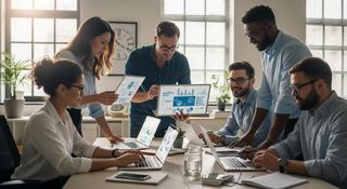 Photo of a team collaborating with digital tools