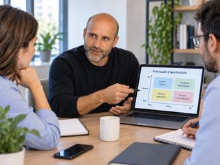 Equip revisant una matriu de prioritats d'oportunitats en un ordinador portàtil
