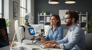 Photo of a robot collaborating with a human in a modern office