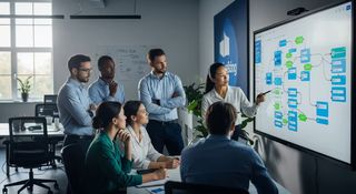 Team working with a digital board illustrating process automation